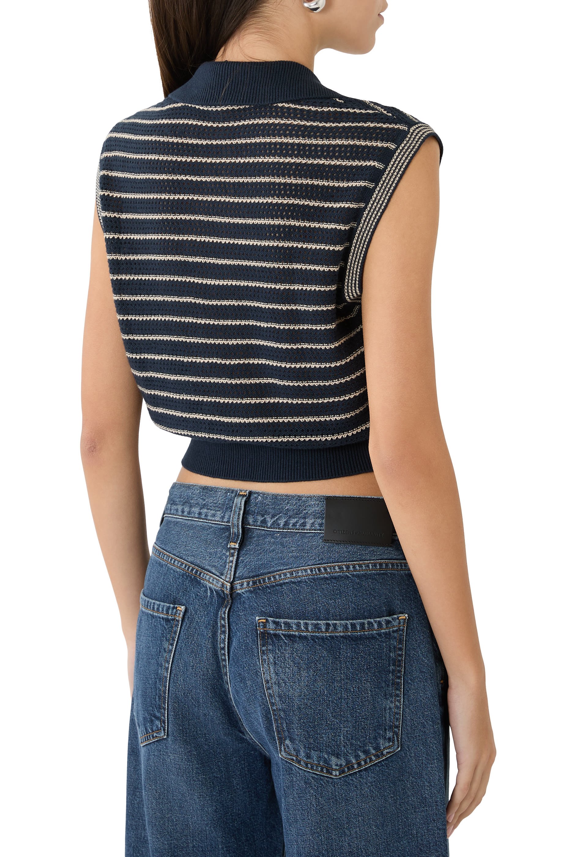 كنزة بولو منسوجة مخططة بشعار الماركة