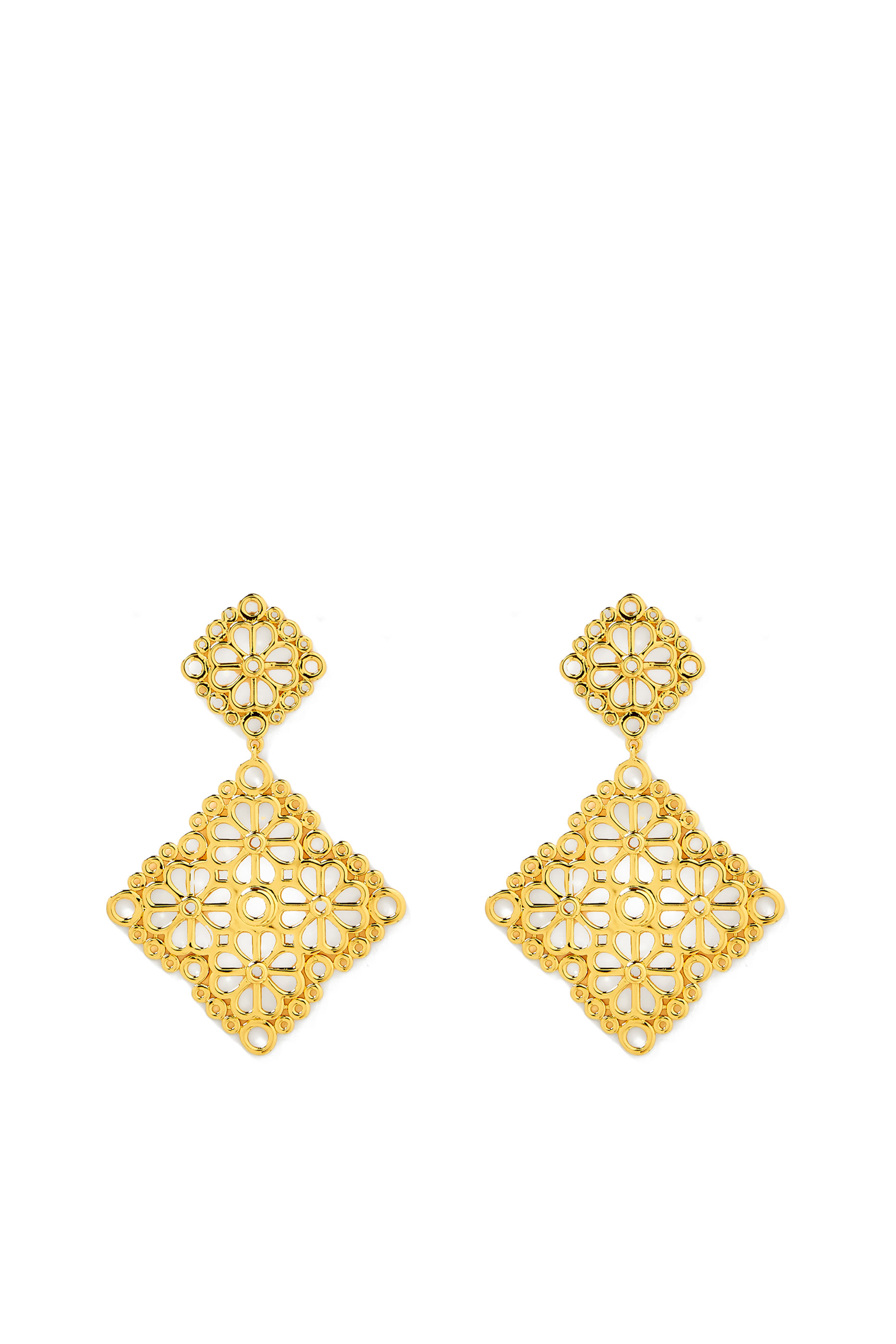 أقراط متدلية بفتحات وزهور بالشكل البستوني، معدن مطلي وفولاذ