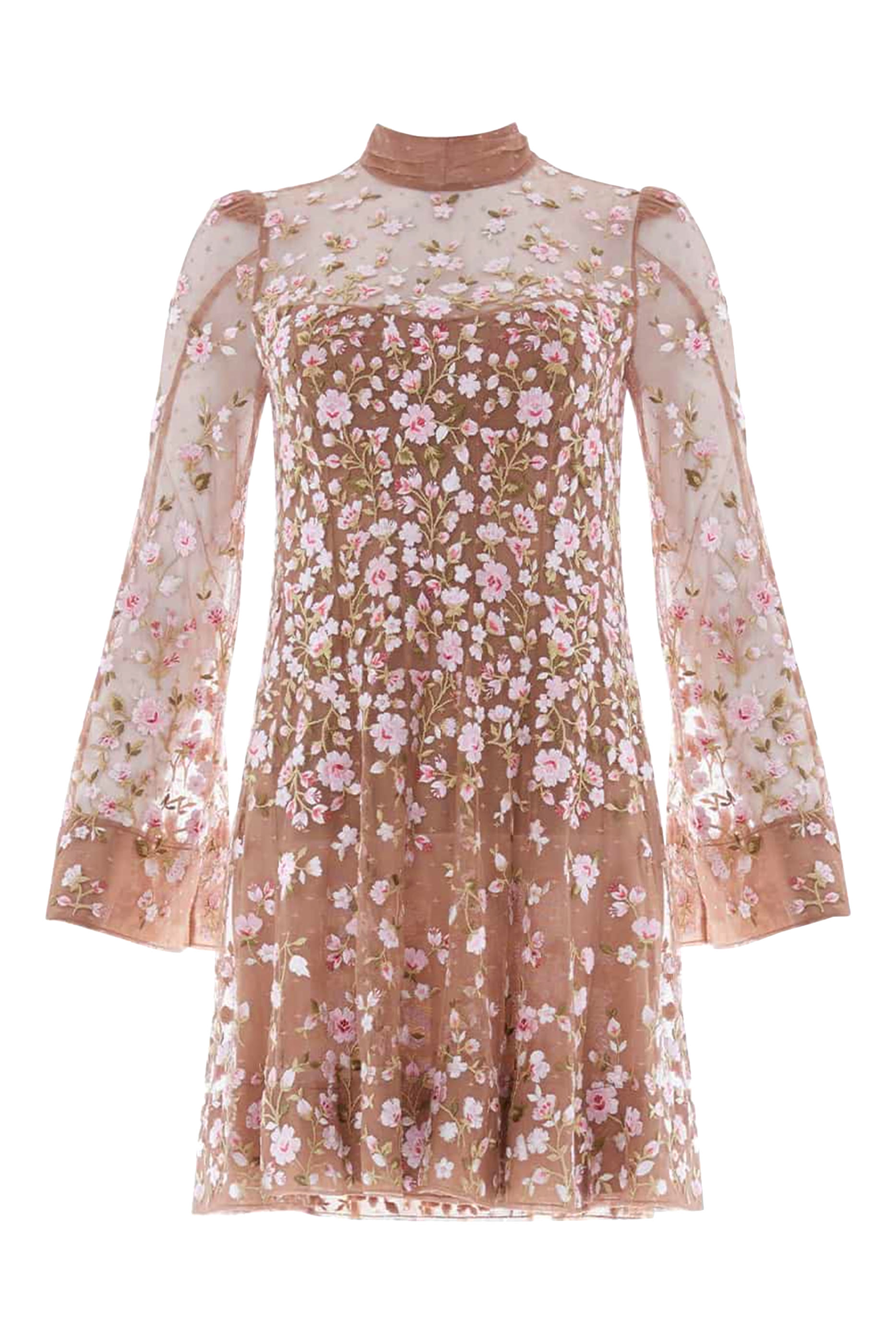 فستان سهرة سيلفيا قصير بأكمام طويلة بنقشة ورود