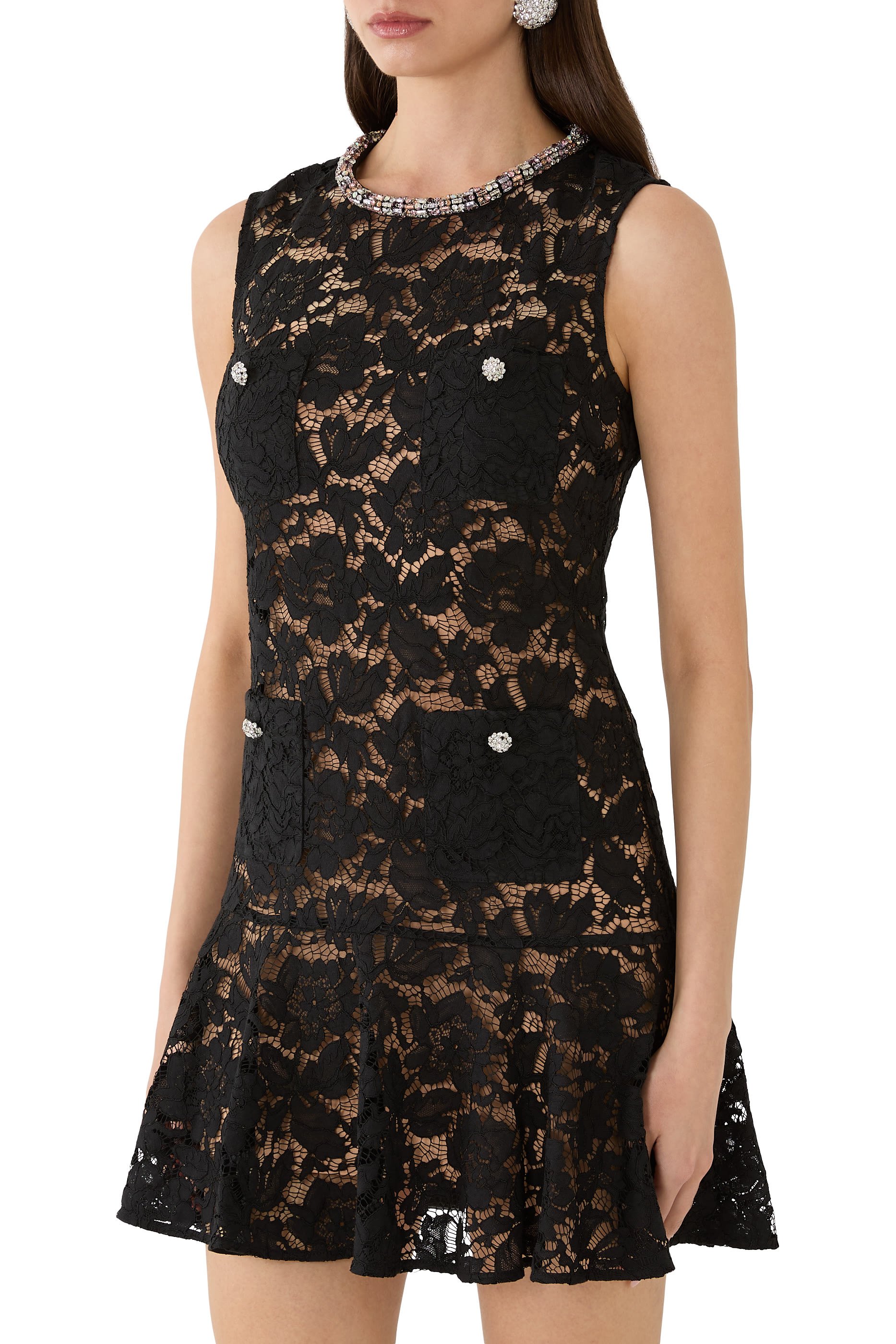 فستان قصير دانتيل مزين بكريستال