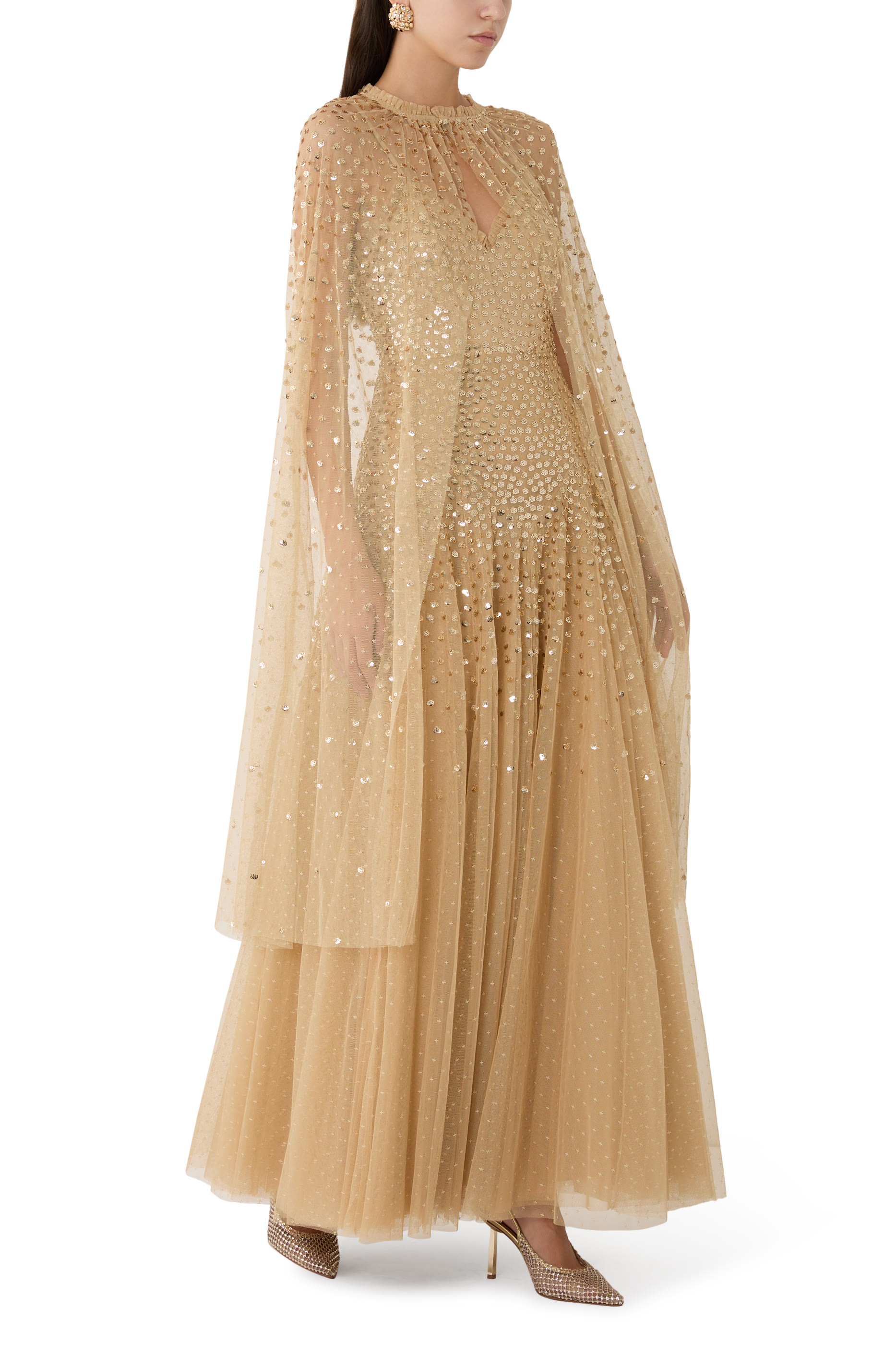 فستان سهرة كاسكيد بحمالات رفيعة وترتر