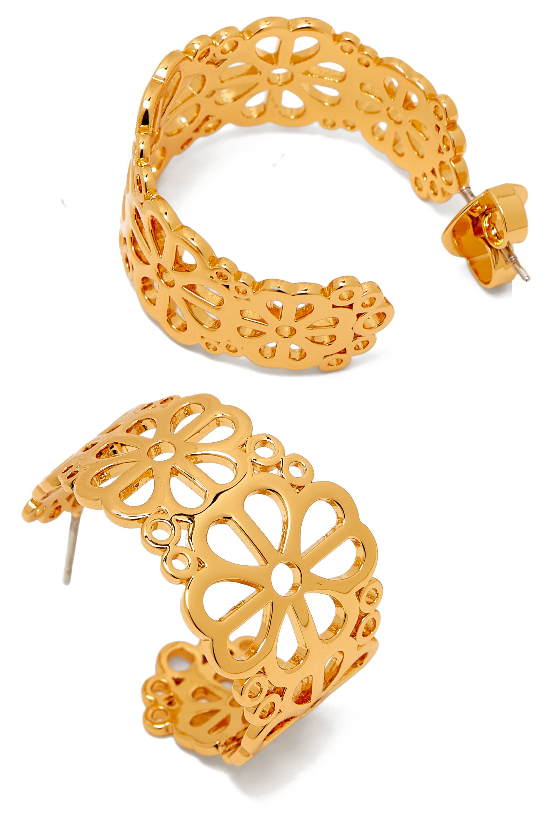 أقراط دائرية بفتحات وزهور بالشكل البستوني، معدن مطلي وفولاذ