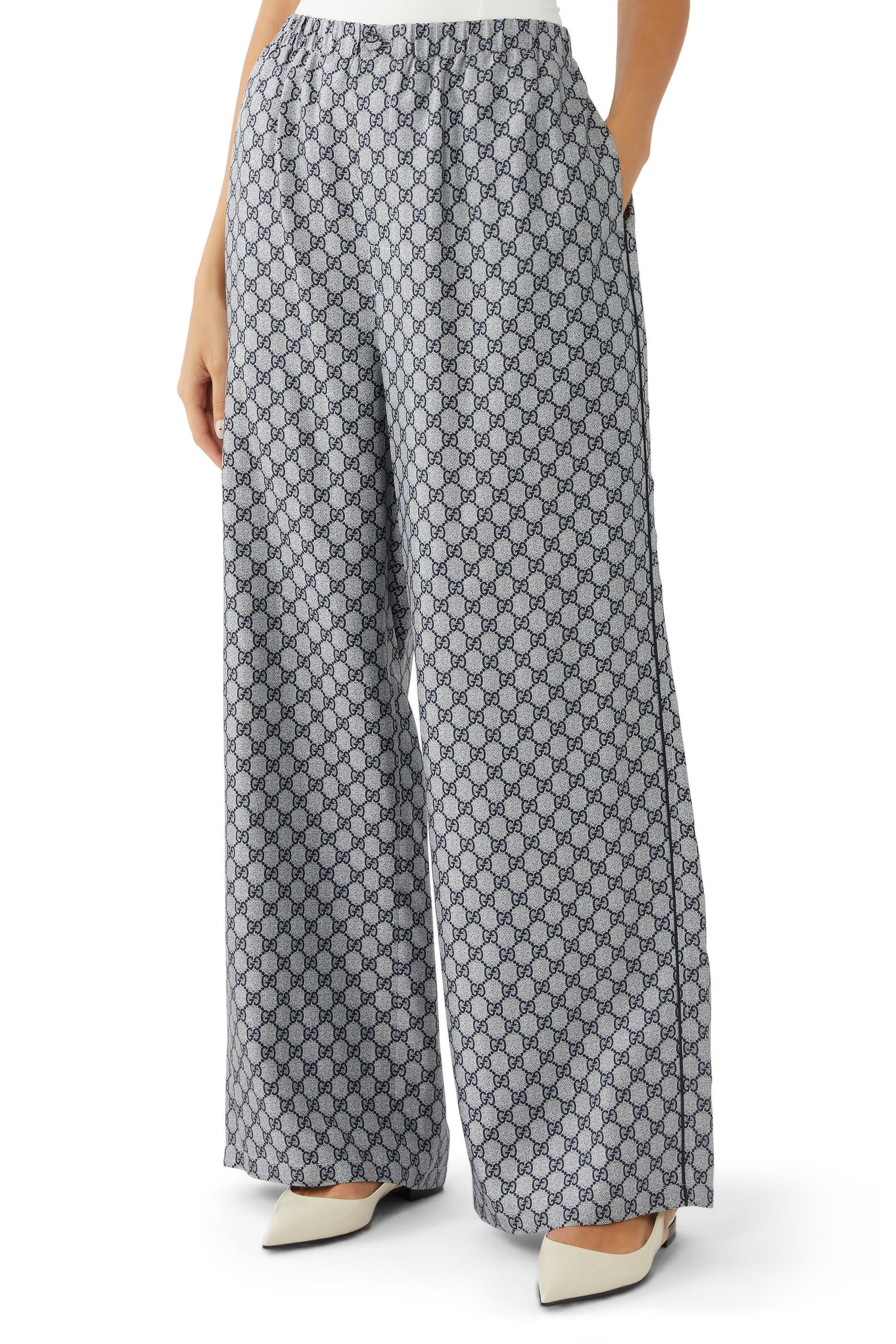 بنطال حرير تويل بنقشة حرفي شعار الماركة