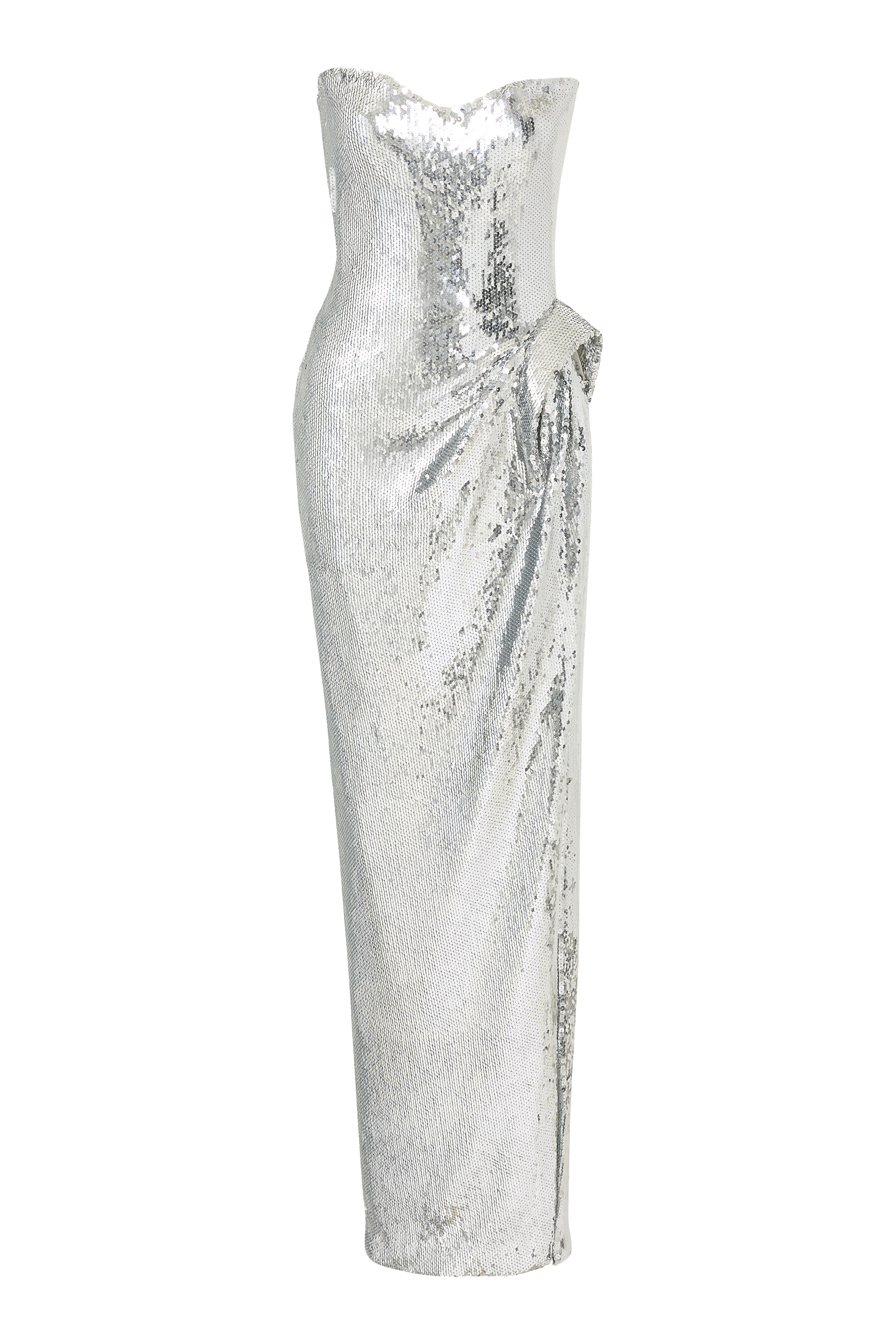 فستان سهرة سيليست بجزء مقوس بتفاصيل درابيه