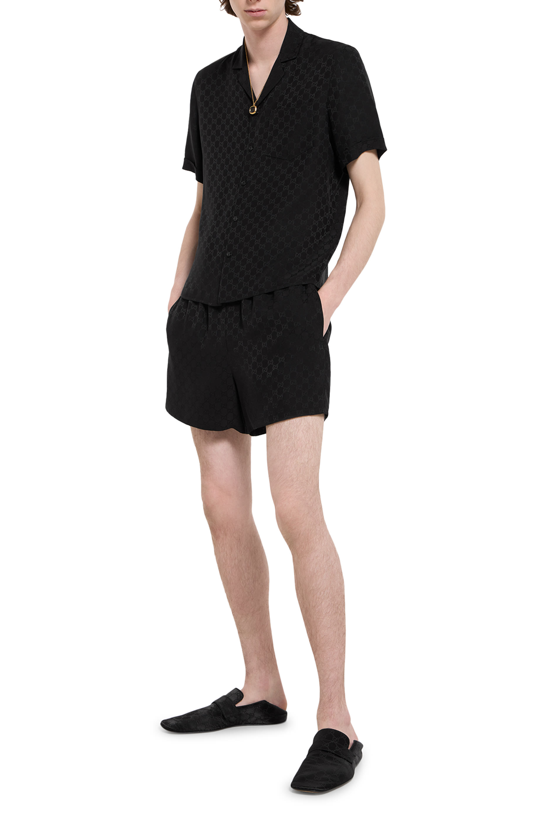 قميص بولينج حرير بنقشة حرفي شعار الماركة جاكار