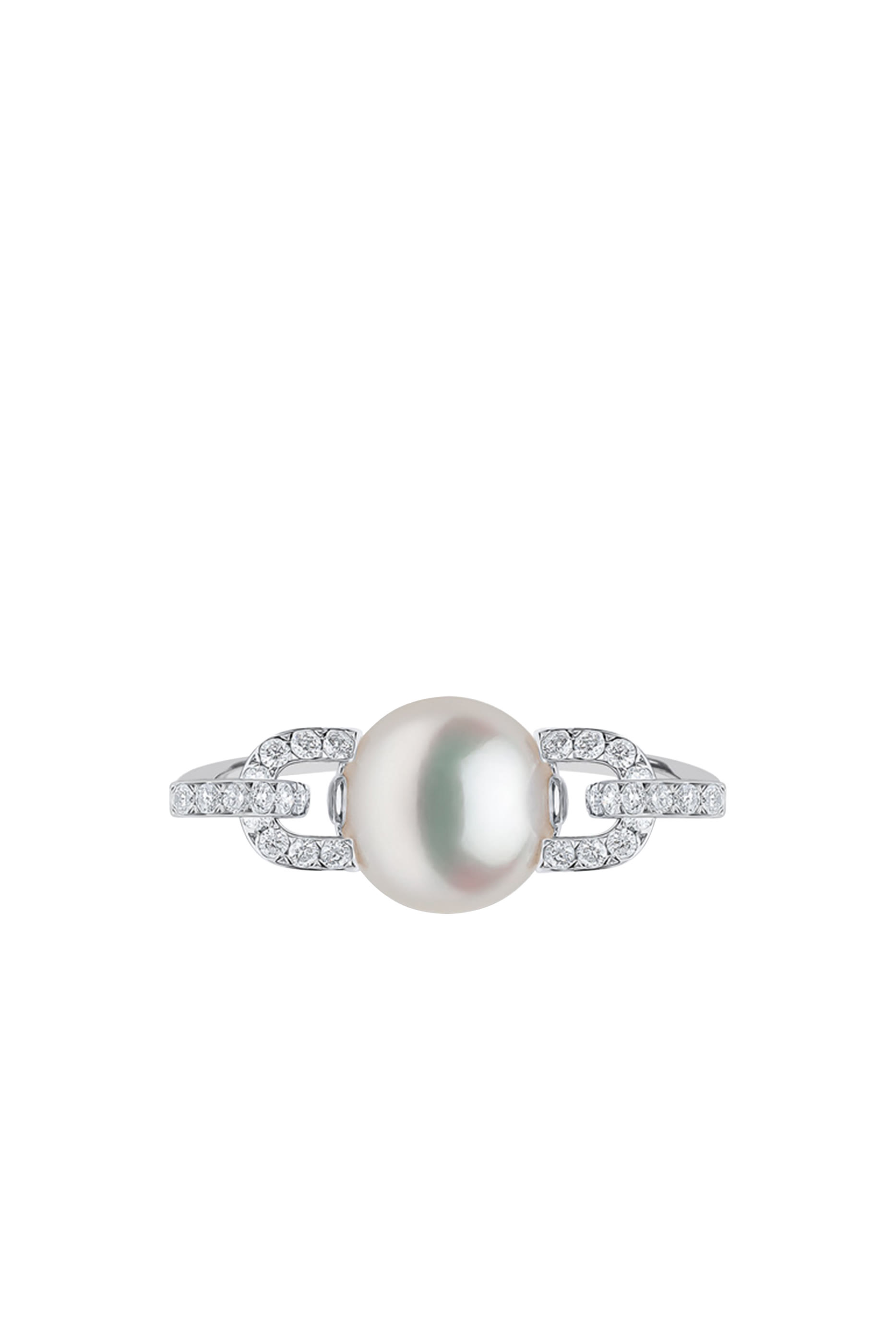 خاتم جاز بحلقات متصلة مرصعة بلؤلؤ وماس، ذهب أبيض عيار 18