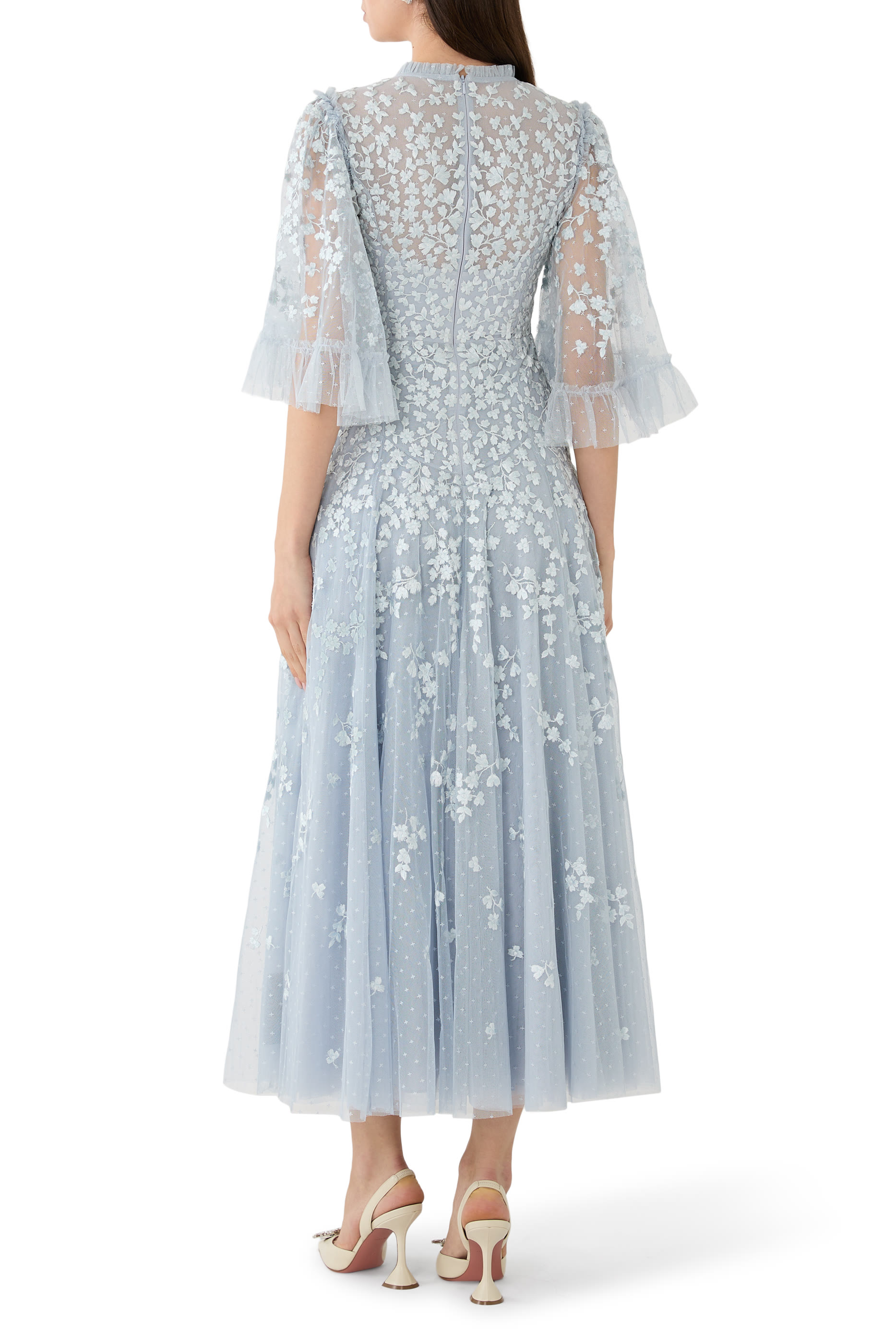 فستان سهرة بياقة مستديرة بطول الكاحل بنقشة أزهار متناثرة