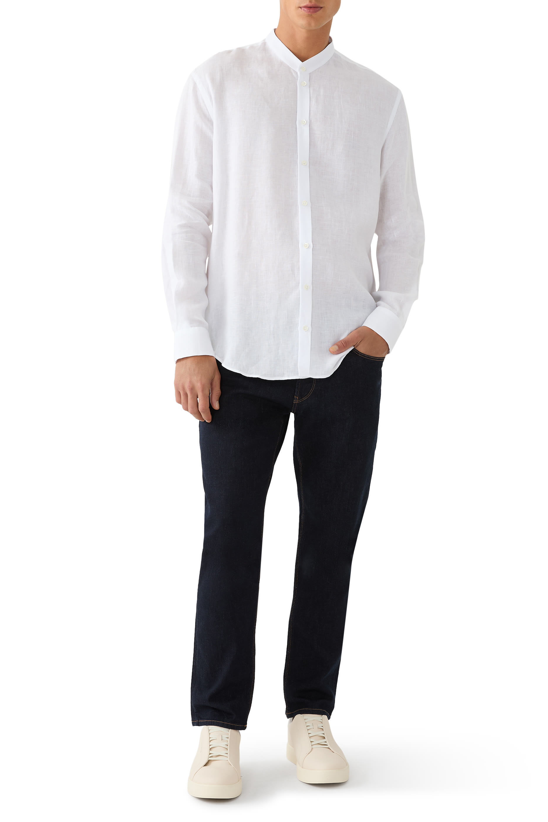 قميص بياقة صينية شامبري كتان