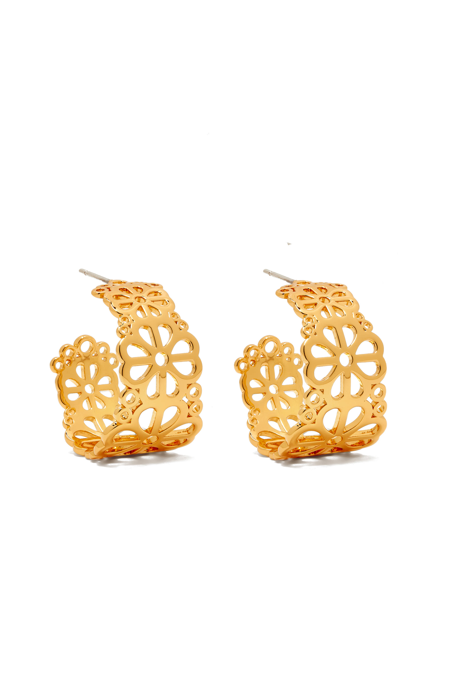 أقراط دائرية بفتحات وزهور بالشكل البستوني، معدن مطلي وفولاذ