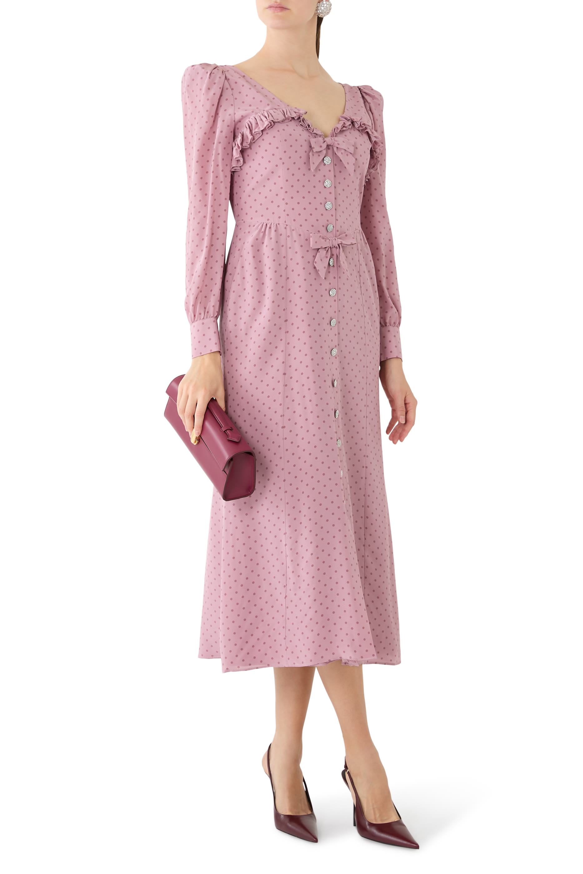 فستان متوسط الطول بنقشة نقاط وكشكش