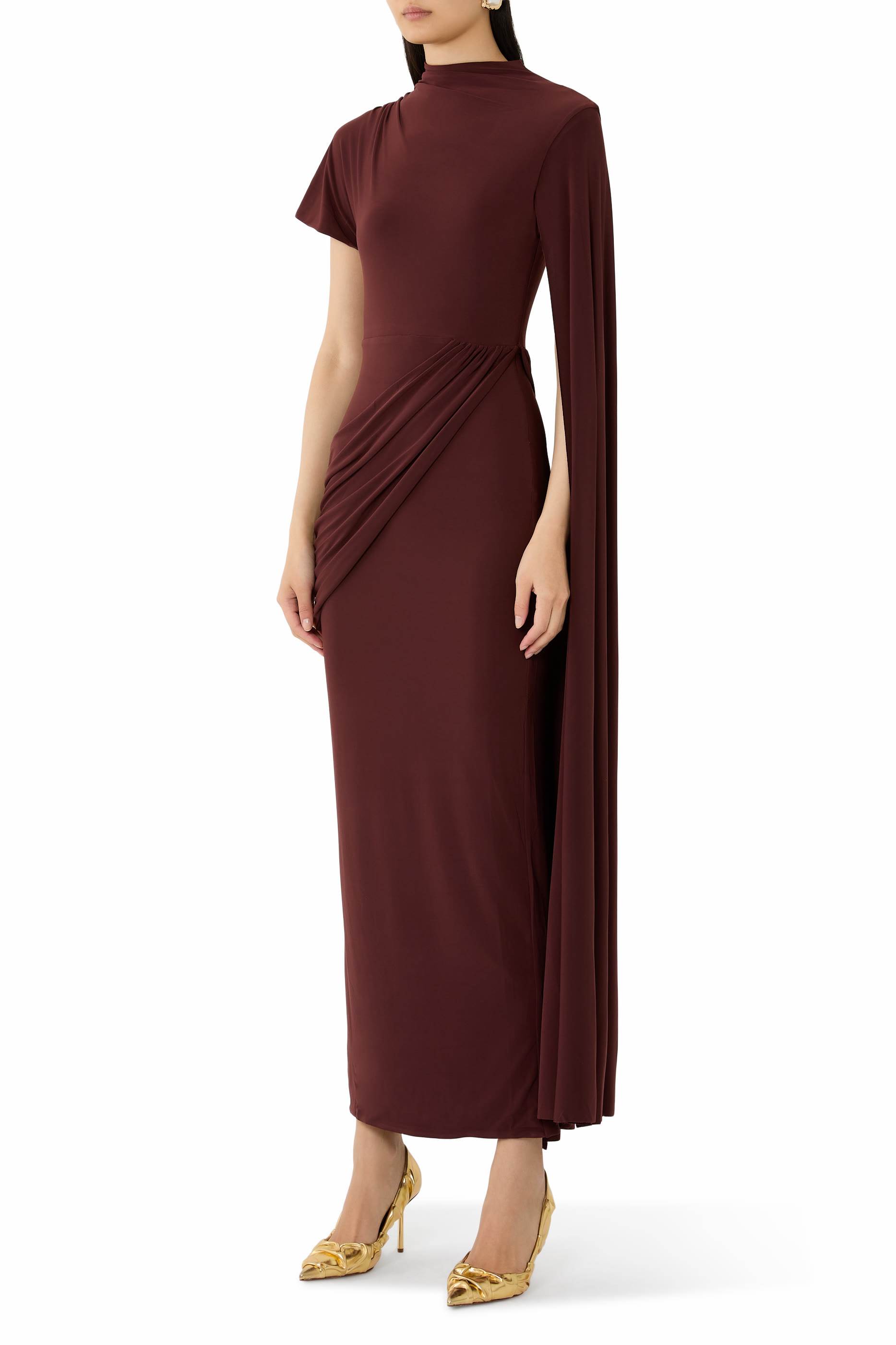 فستان تروبيك طويل بياقة عالية وكم كاب طويل