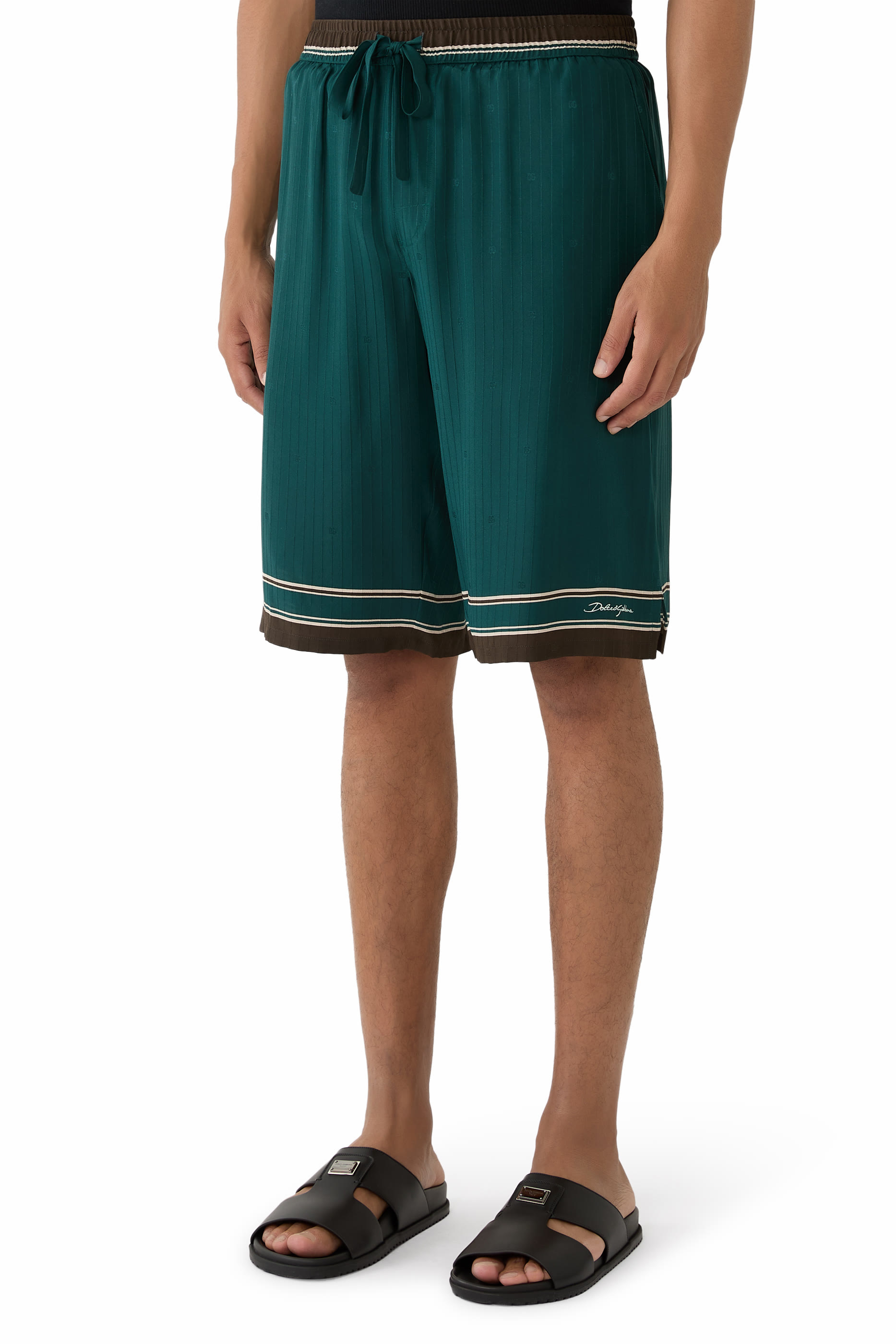  Logo & Stripe-Print Vanity Silk Bermuda Shorts 
