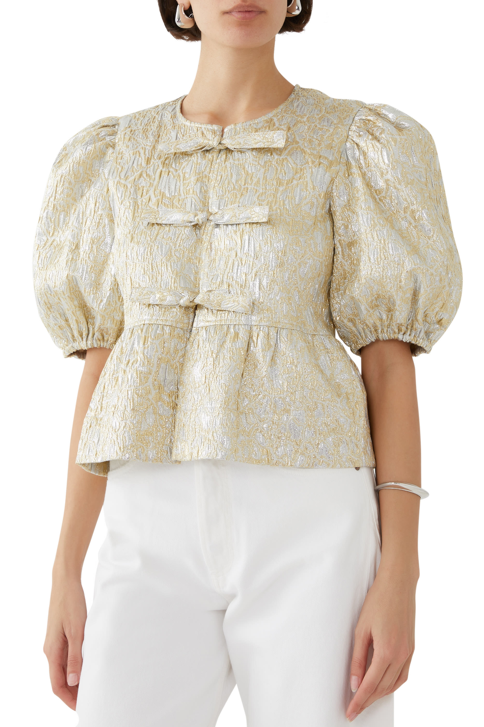 Metallic Cloque Peplum Blouse
