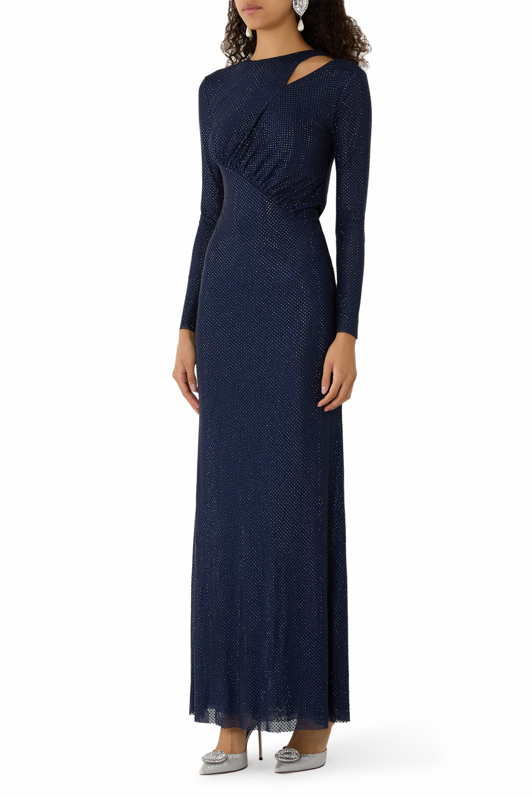 فستان طويل بفتحات مزين بأحجار الراين قماش شبكي