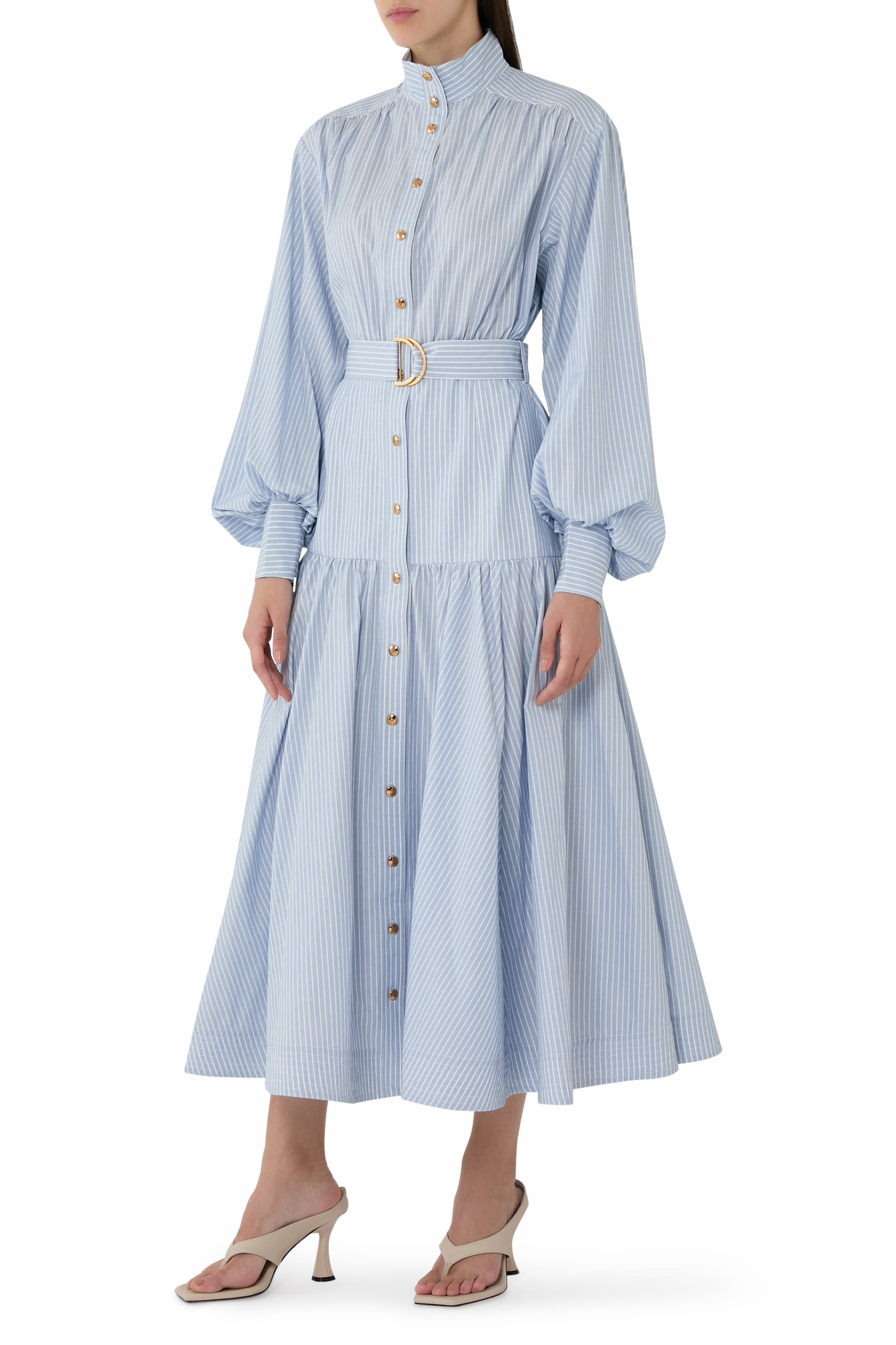 فستان متوسط الطول بتصميم عملي بنقشة مخططة