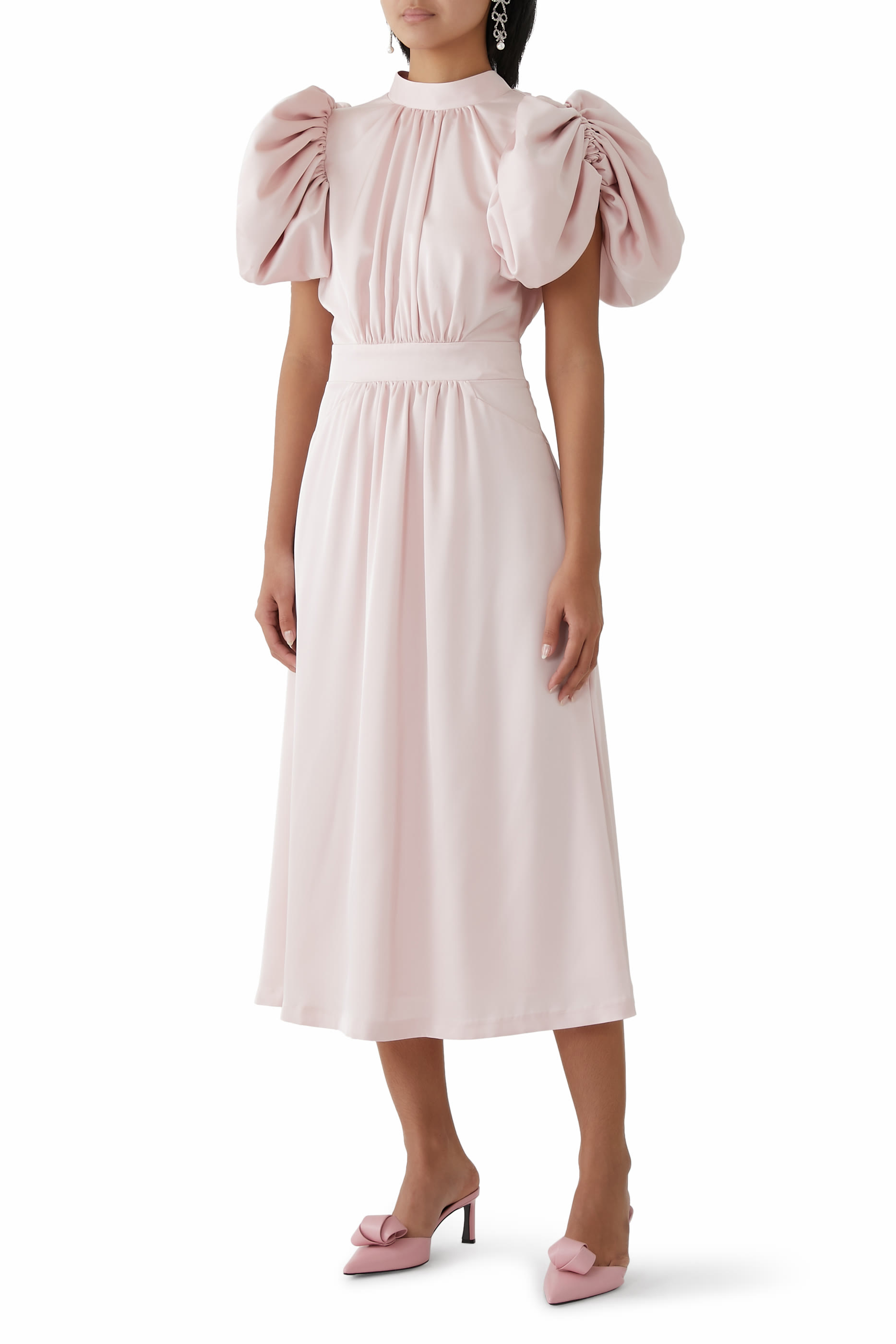 فستان بتصميم منفوخ متوسط الطول ساتان