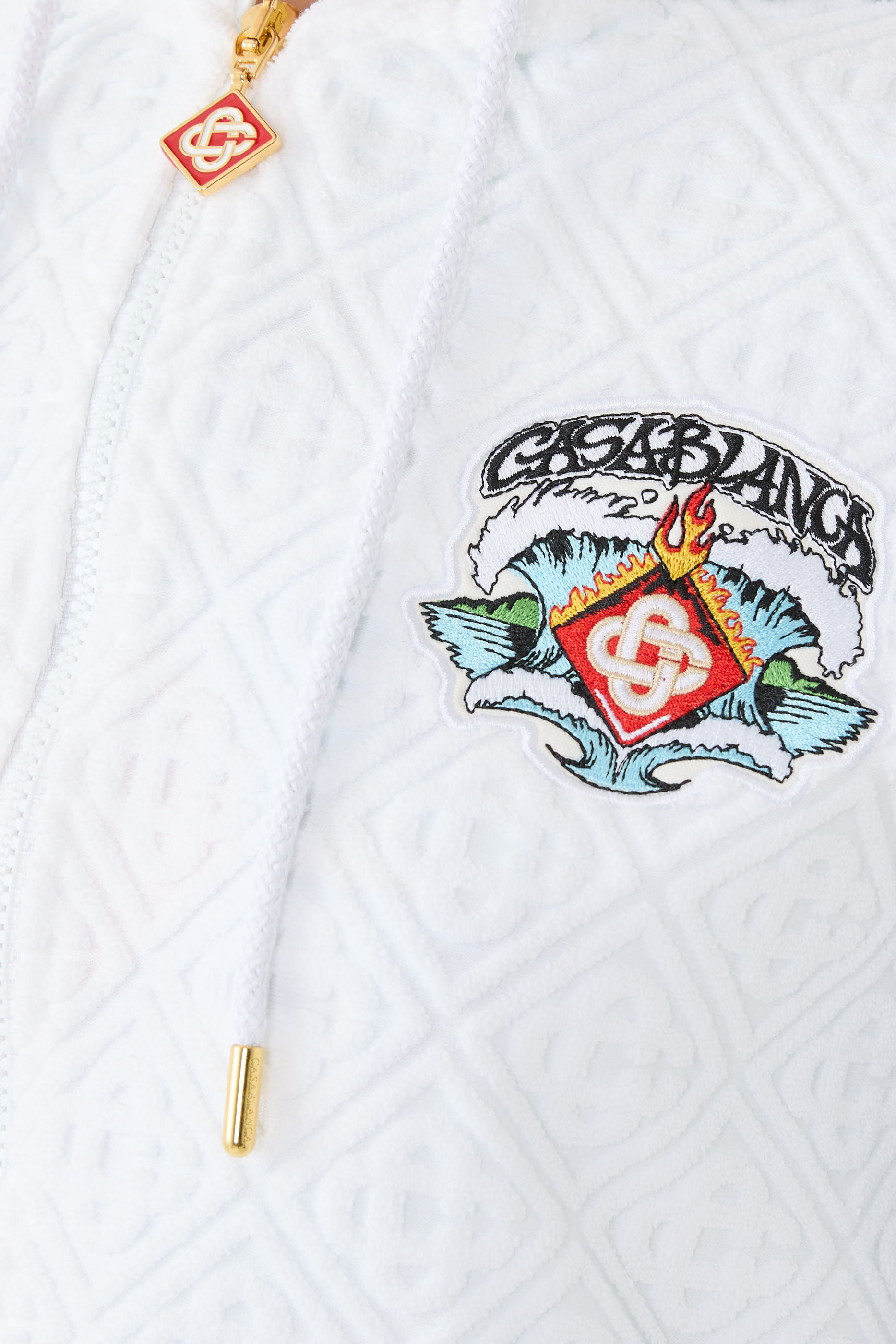 هودي بسحاب كامل وتطريز بتصميم أمواج وحروف شعار الماركة قماش فائق الإمتصاص