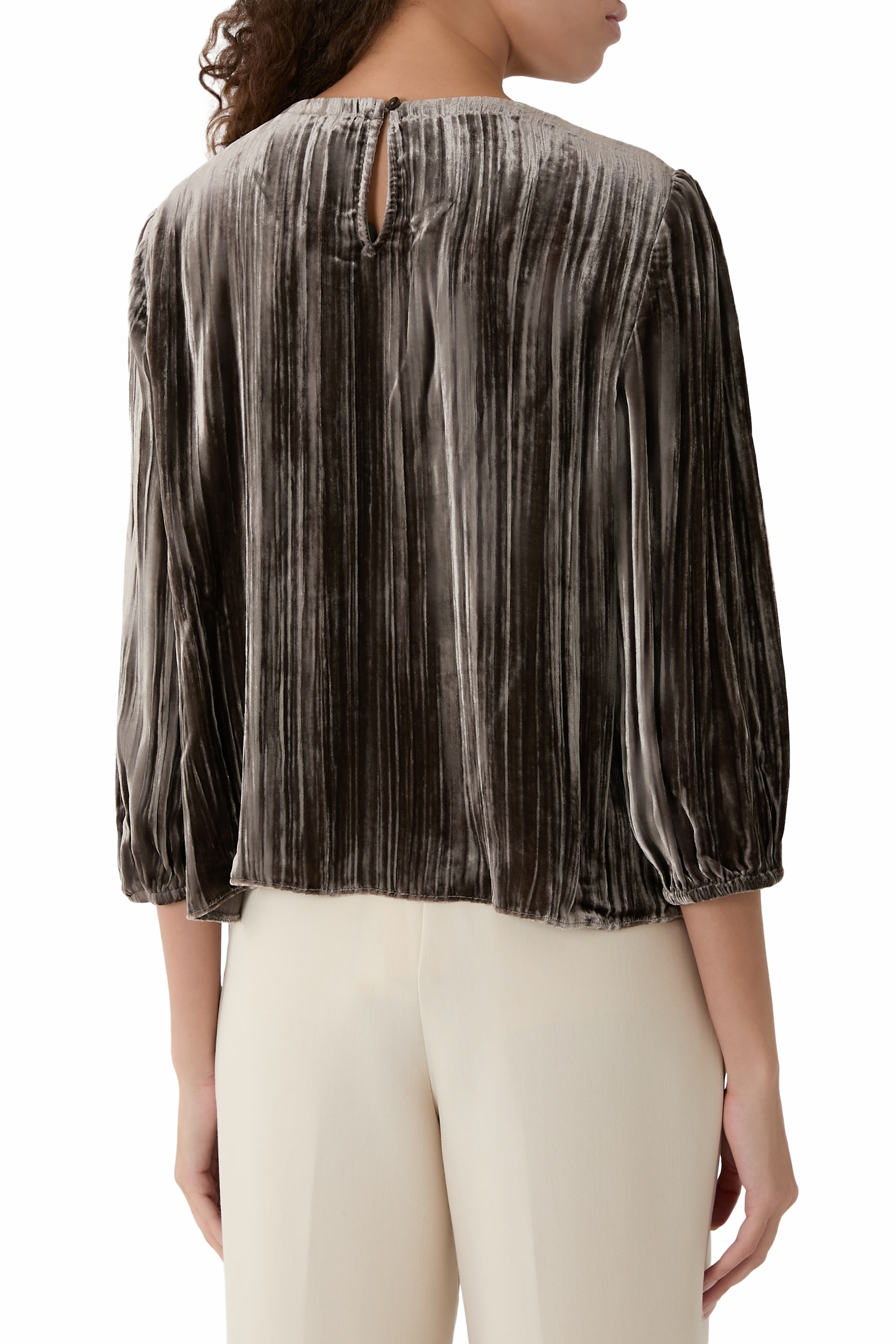 بلوزة بياقة مستديرة مخمل مجعد