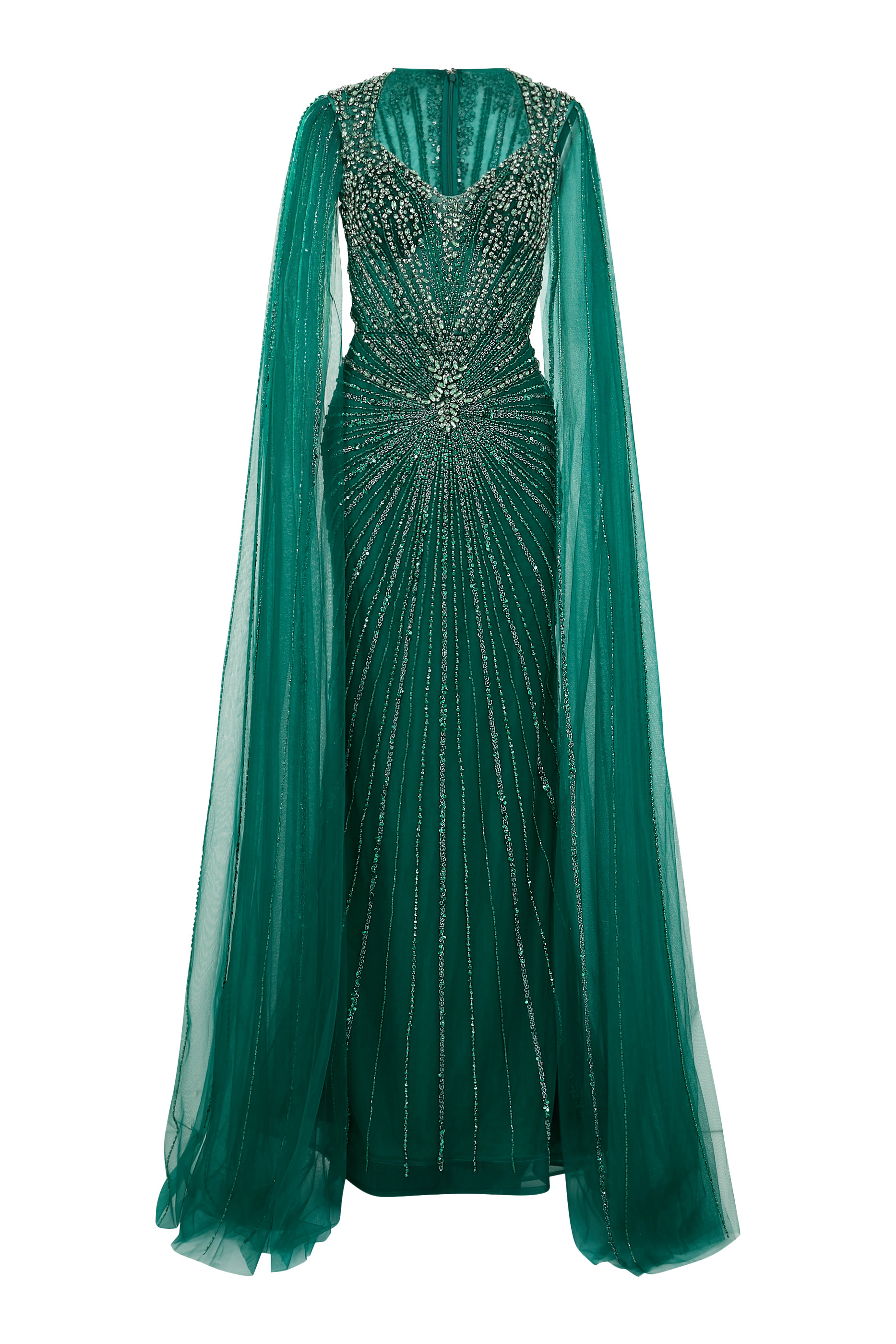 فستان سهرة بأكمام كاب وتطريزات