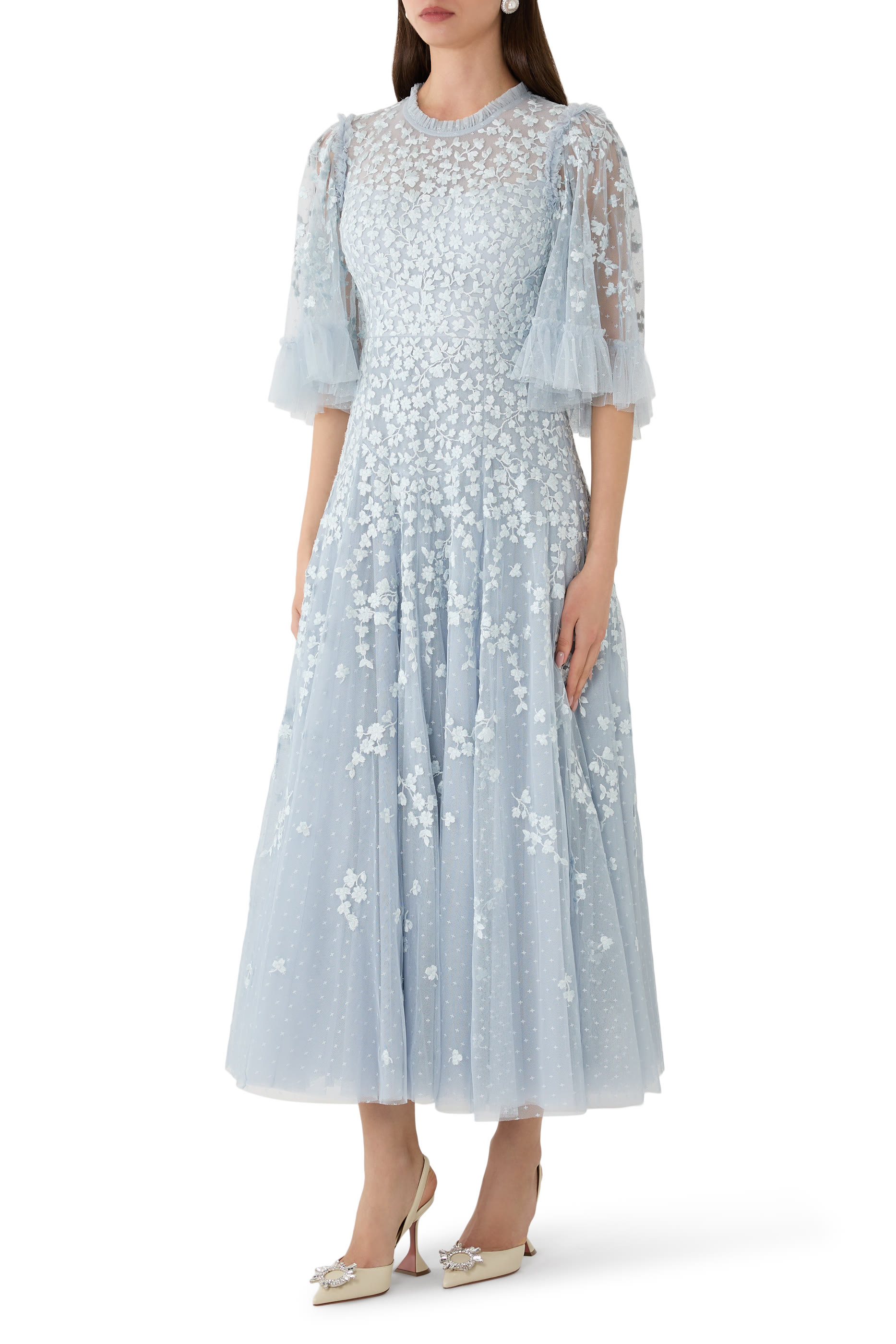 فستان سهرة بياقة مستديرة بطول الكاحل بنقشة أزهار متناثرة