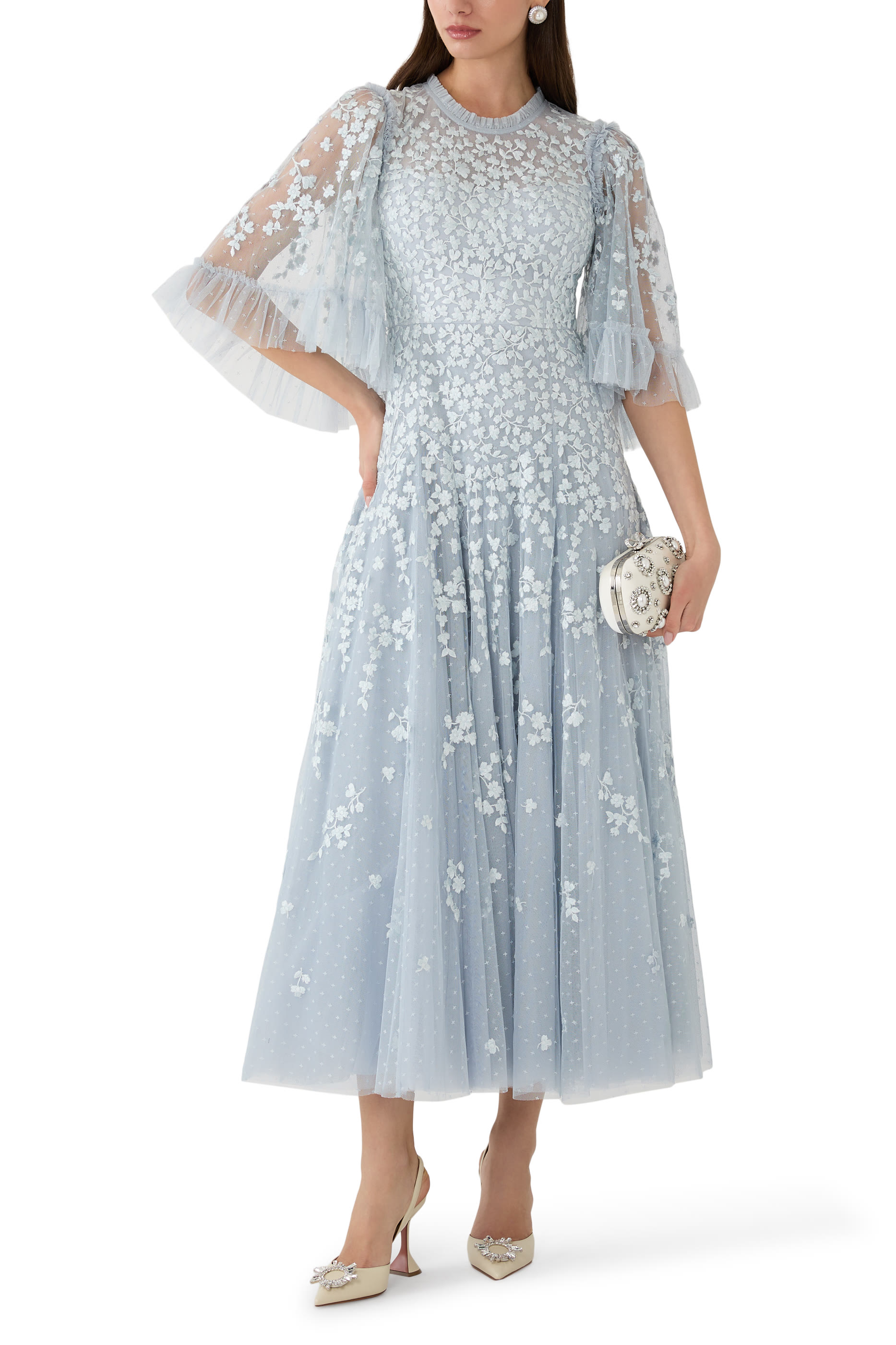 فستان سهرة بياقة مستديرة بطول الكاحل بنقشة أزهار متناثرة