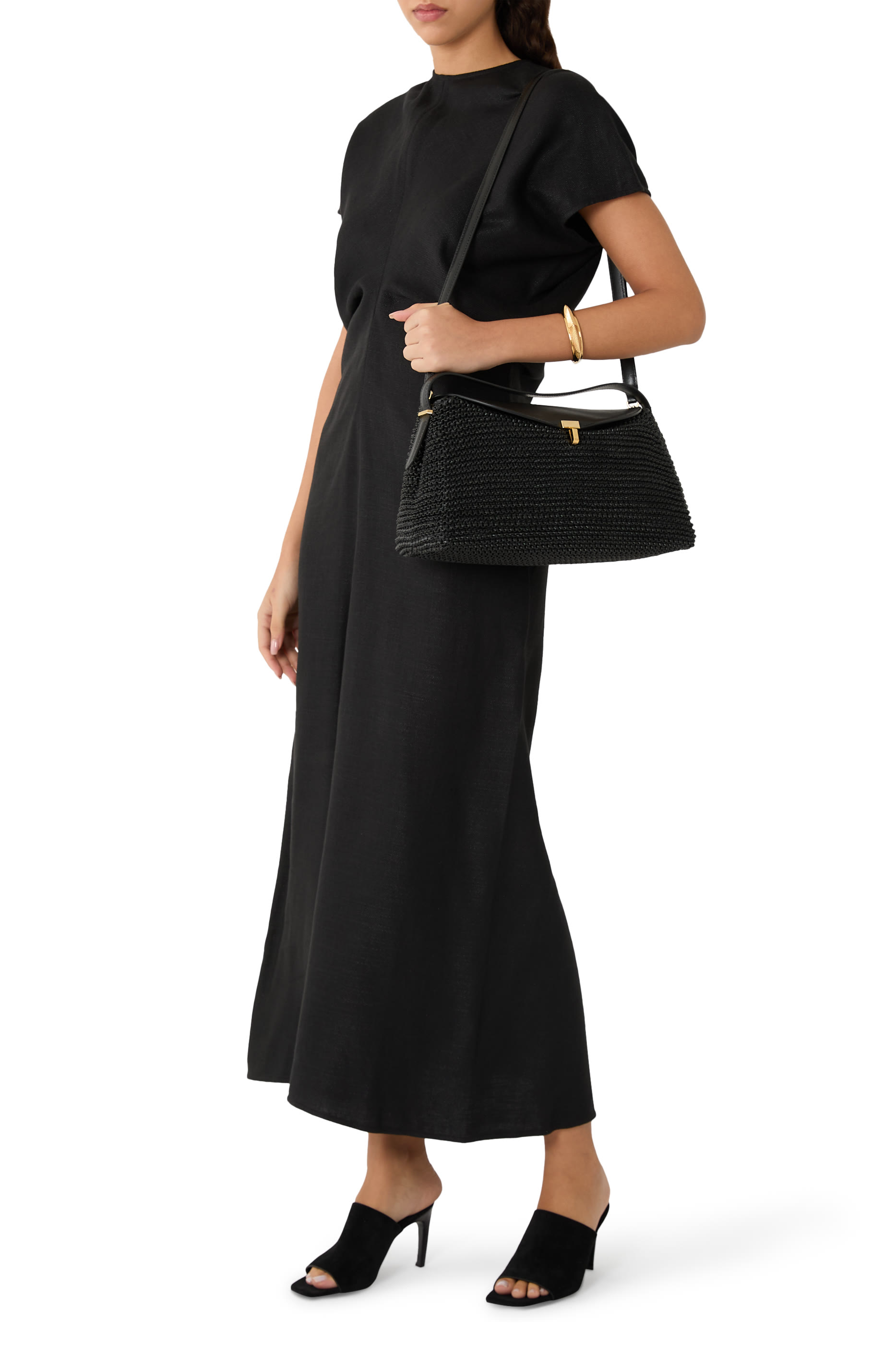 حقيبة يد بإغلاق على شكل حرف T جلد منسوج