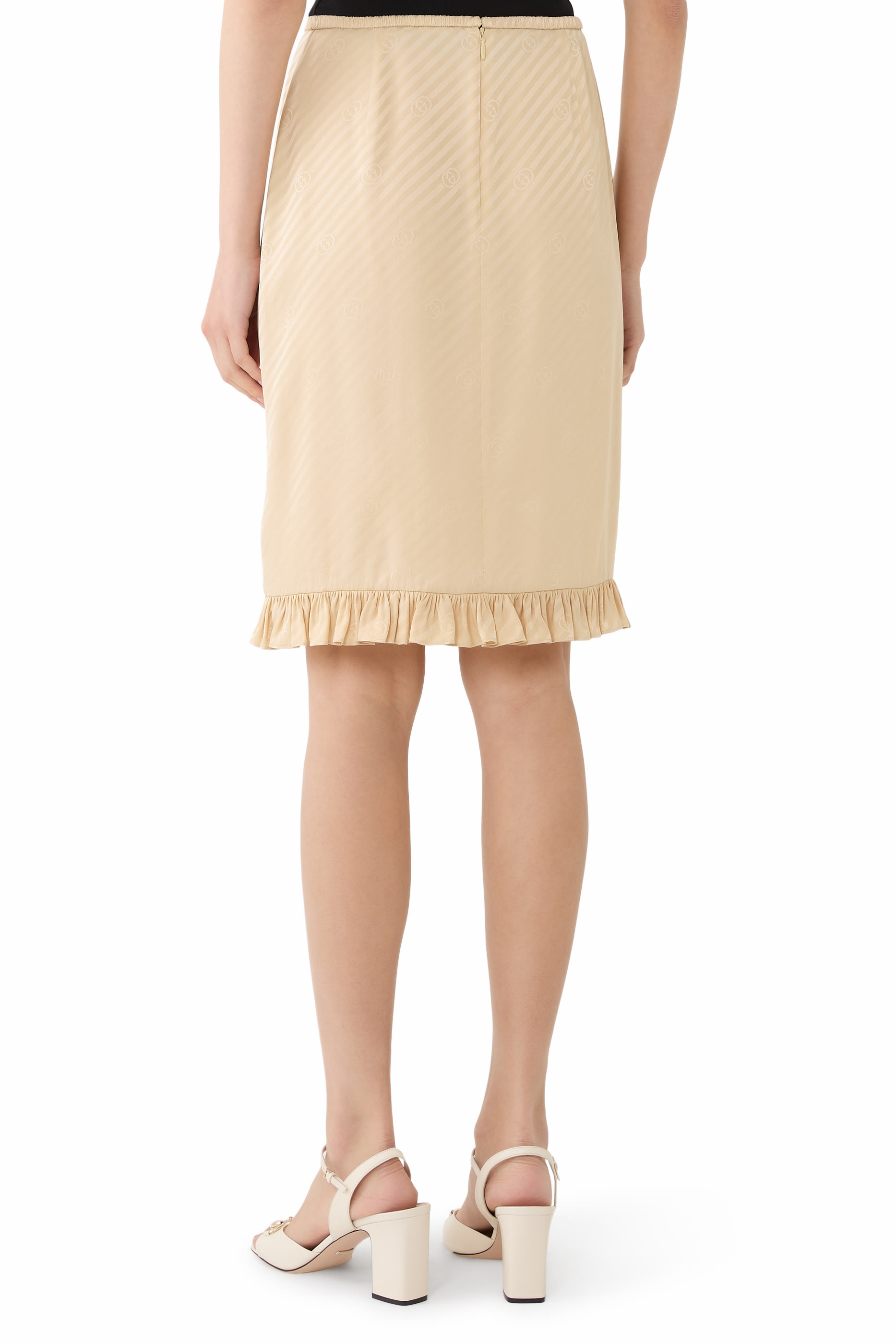 تنورة بنقشة خطوط مائلة وحرفي شعار الماركة حرير جاكار