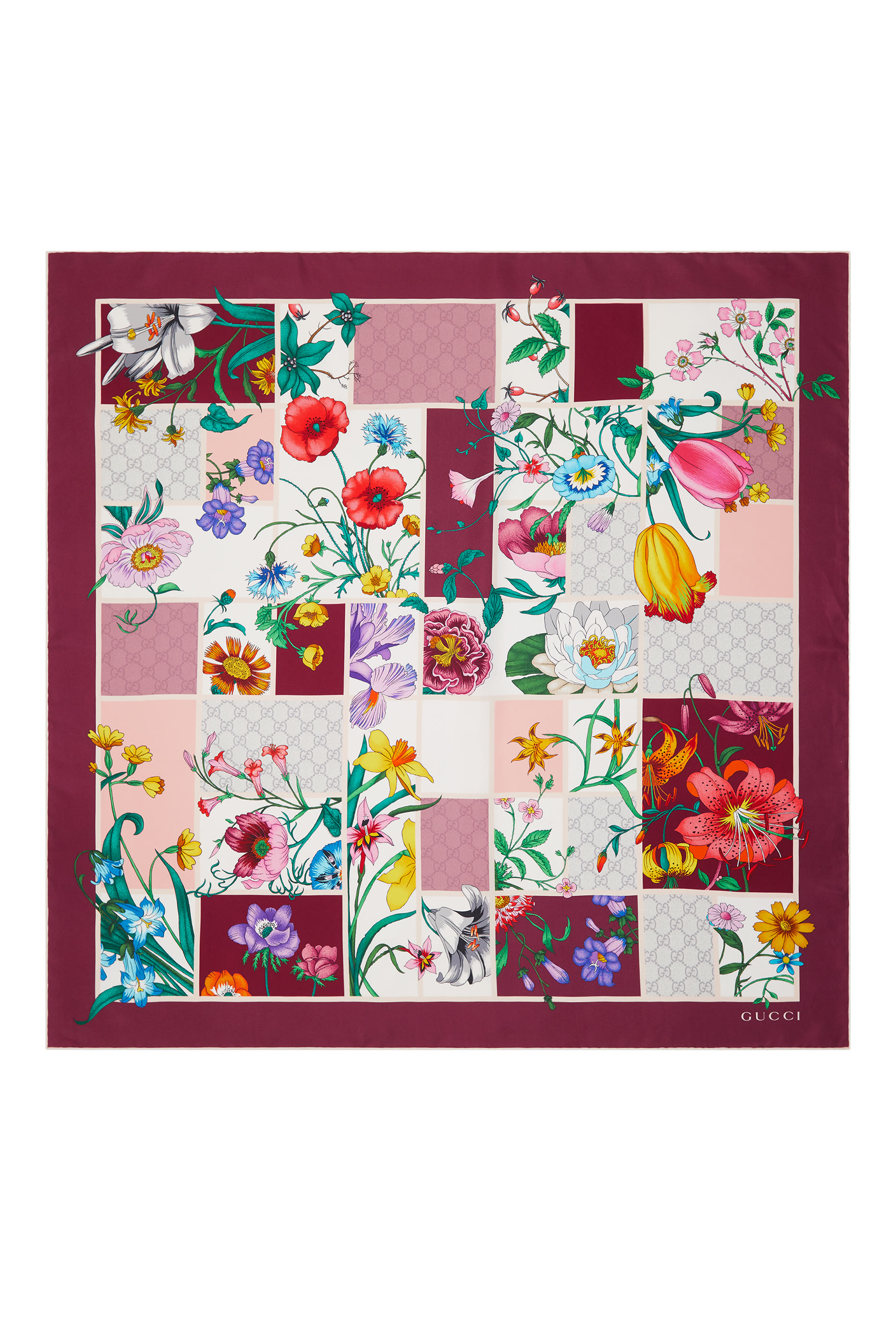 وشاح مربع بطبعات زهور حرير تويل 