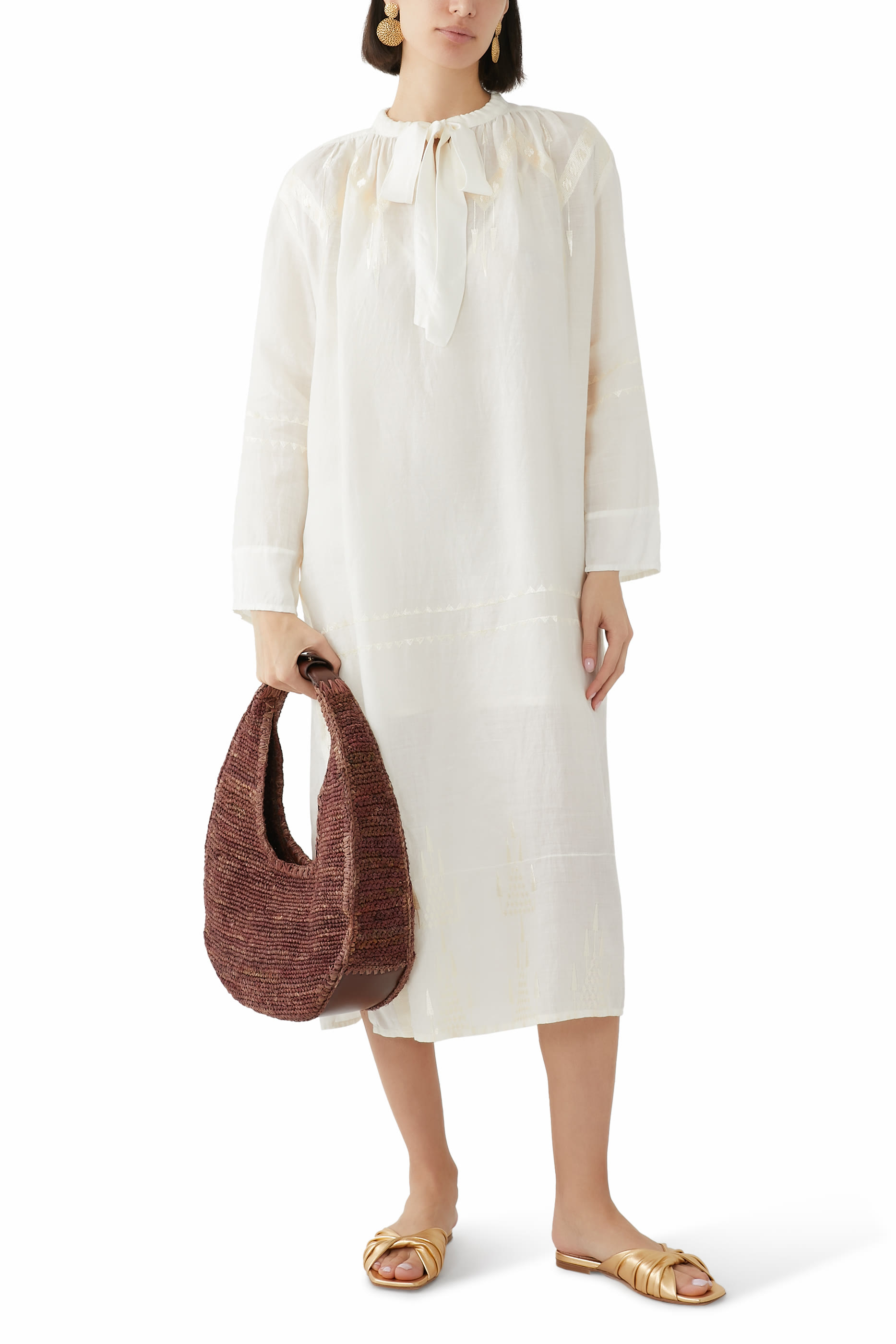 فستان متوسط الطول بأكمام طويلة ورباط في الأمام null